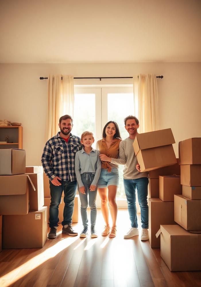 A family carrying moving boxes out of their sold home